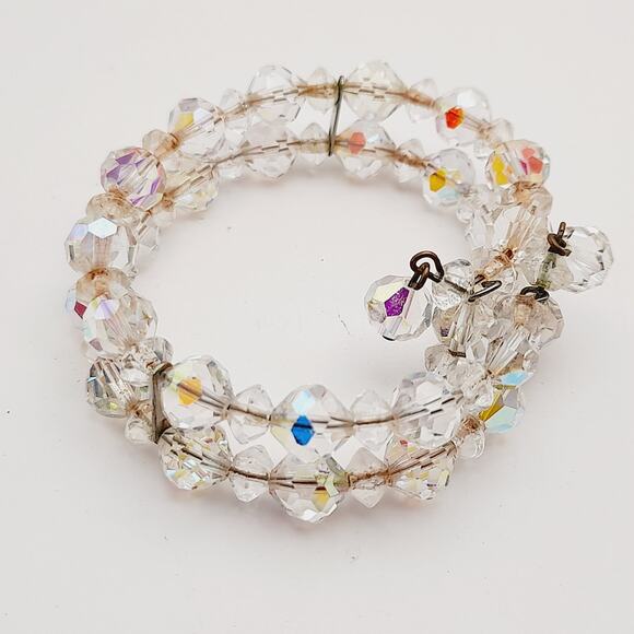 Vintage 1950s Clear Aurora Borealis Crystal Bracelet – Two Strand Memory Wire - Picture 2 of 9